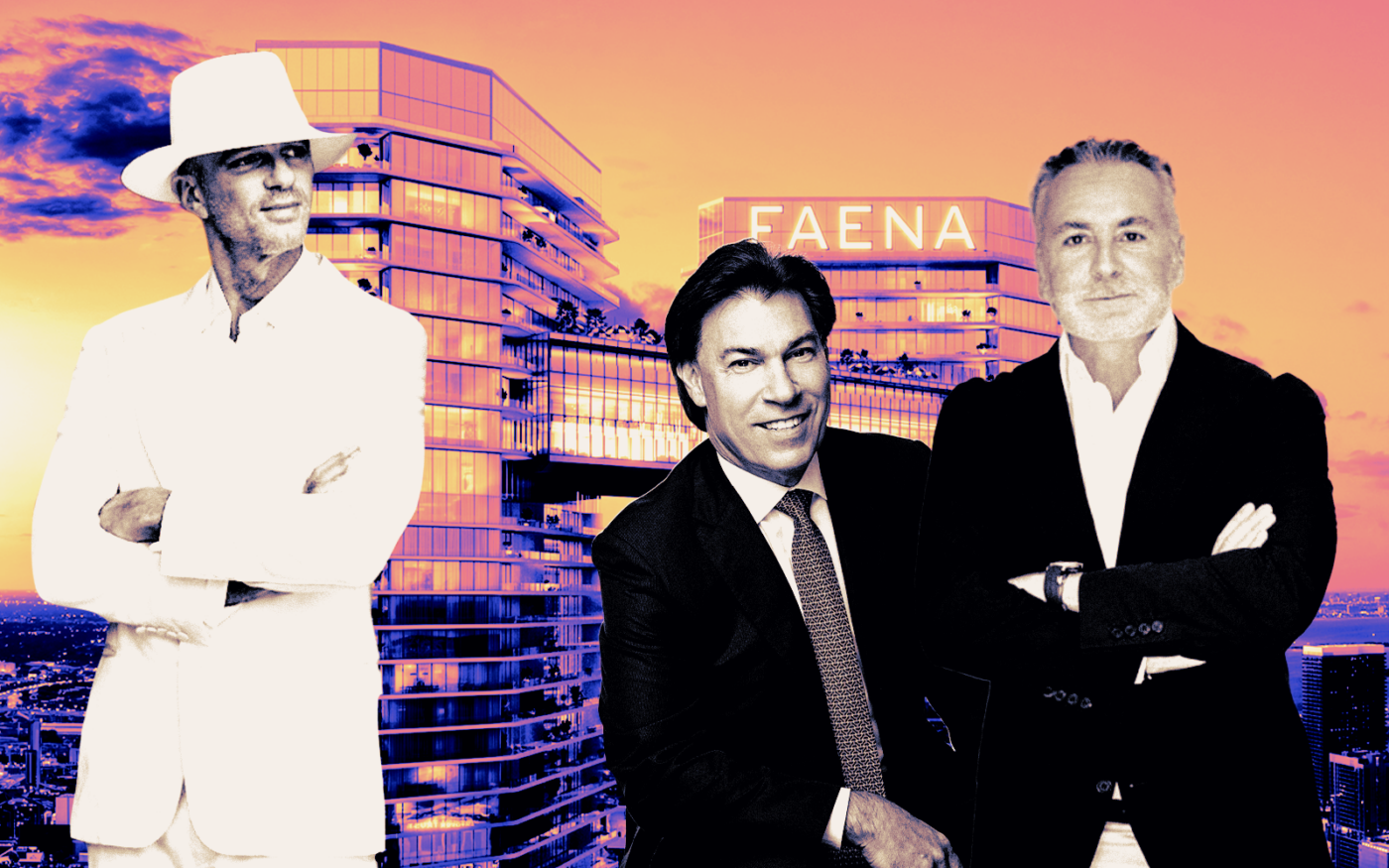 <p>From left: Alan Faena, Edgardo Defortuna and Shahab Karmely along with a rendering of the Faena Residences Miami (Binyan Studios)</p>
