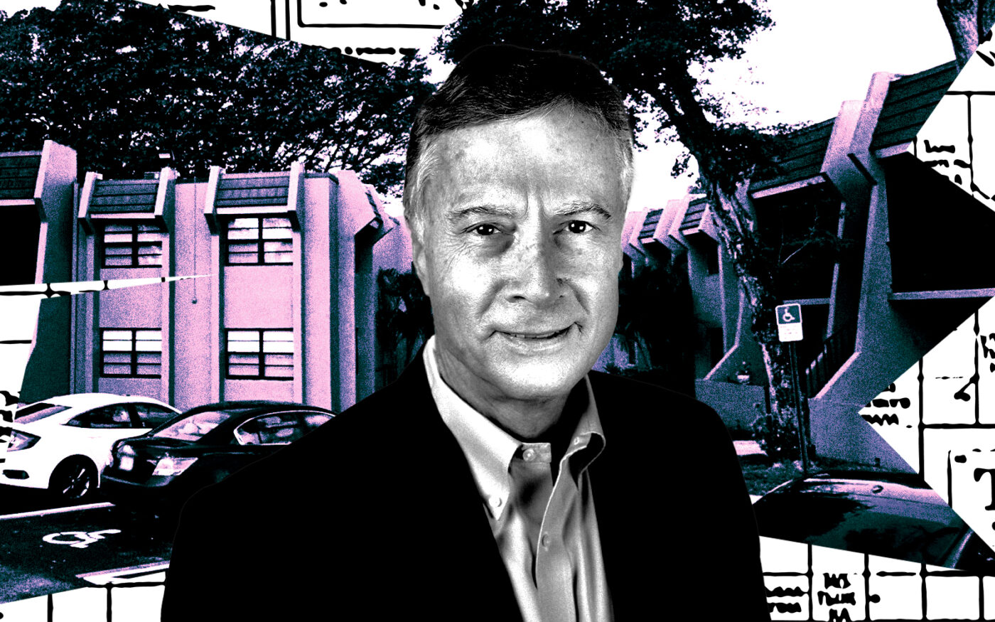 <p>A photo illustration of Graham Companies CEO Stuart Wyllie along with the Courtyards at Miami Lakes apartment complex at 6431 Cow Pen Road in Miami Lakes (Getty, Graham Companies, Google Maps)</p>
