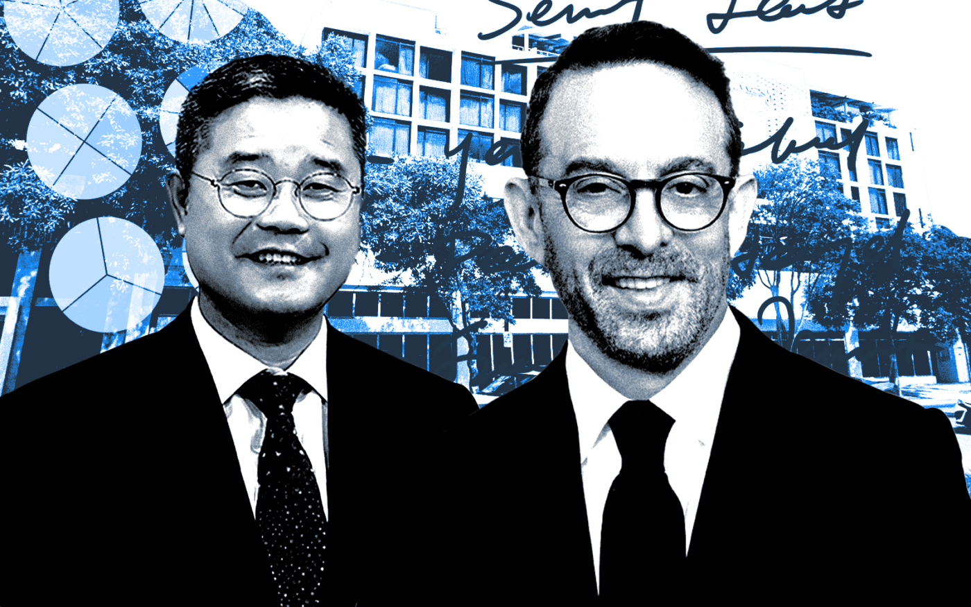 <p>From left: Bonchon founder Jinduk Seo (new tenant) and Lightstone Group CEO David Lichtenstein (owner) along with the Moxy Miami South Beach hotel at 915 Washington Avenue in Miami Beach (Getty, Lightstone Group, Google Maps)</p>
