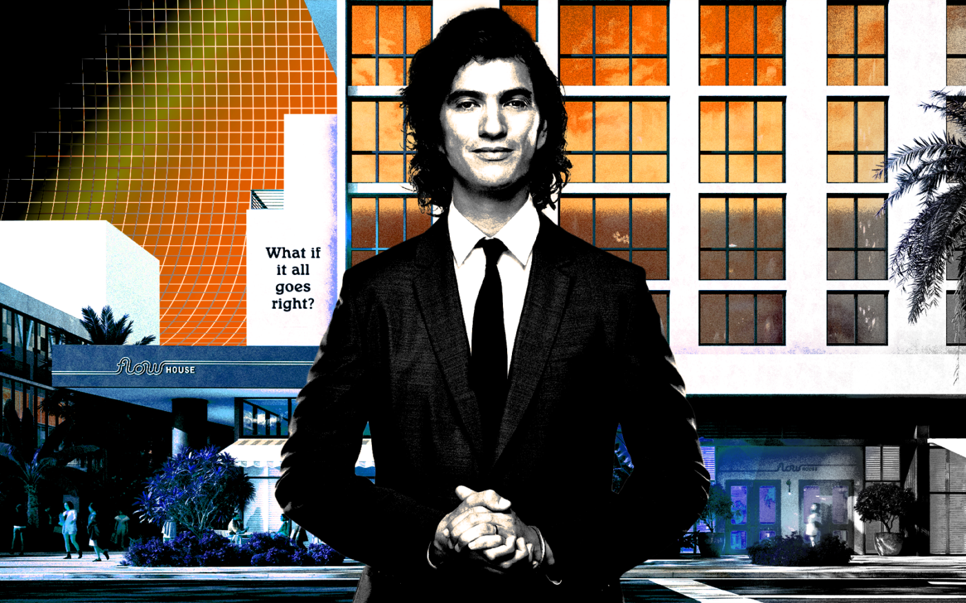 <p>A photo illustration of Adam Neumann along with a rendering of Flow House, a 466-unit project in Downtown Miami (Getty)</p>
