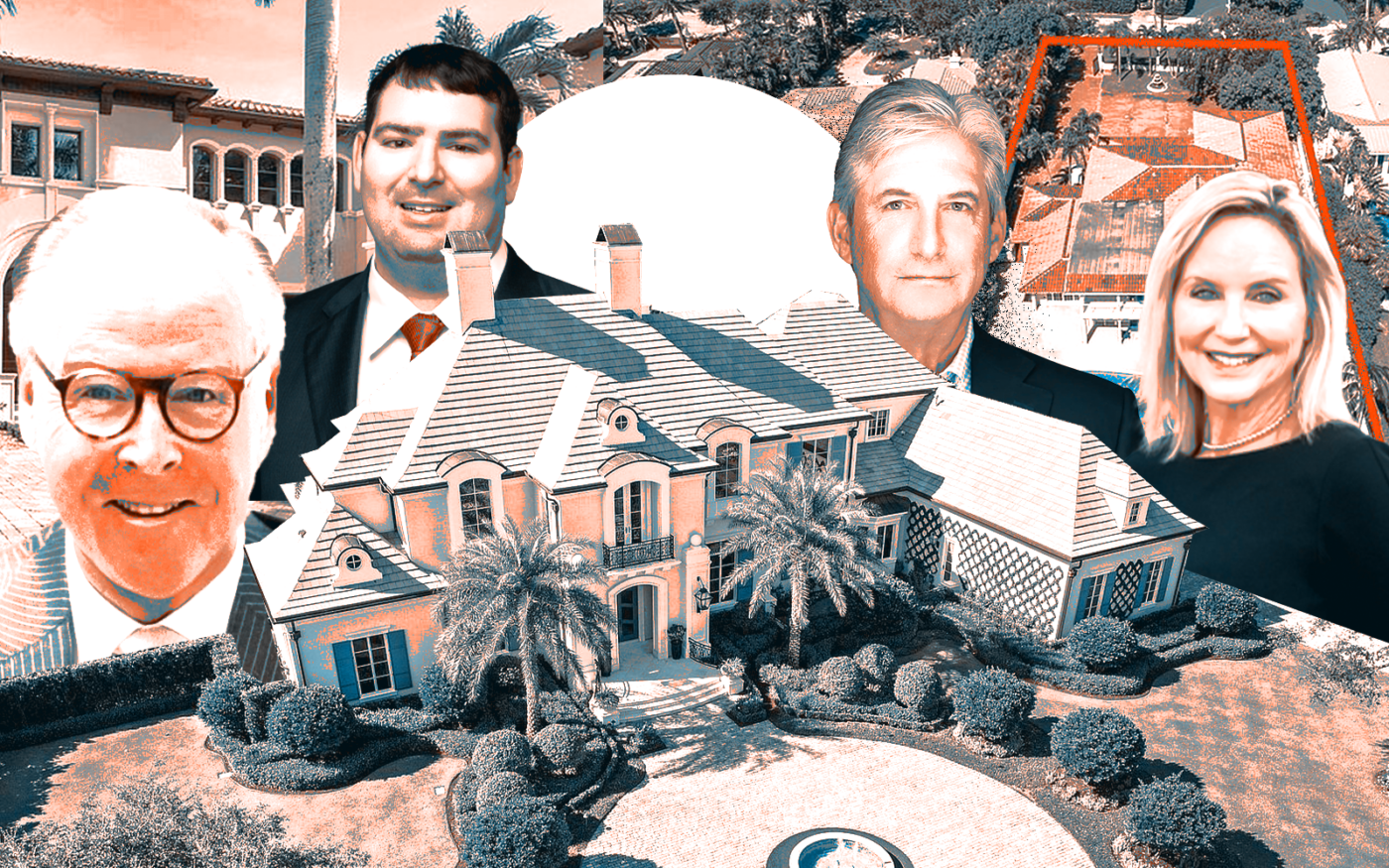 <p>From left: Brown Harris Stevens&#8217; Edward Curran, Zachary Schiffman, Scott Carmilani and Compass&#8217; Geraldine Stanko along with 11724 Cardena Court (left), 12215 Tillinghast Circle (middle) and 640 Sabal Palm Road (right) (Getty, Brown Harris Stevens, Zach Holdings, Compass Real Estate, Google Maps)</p>
