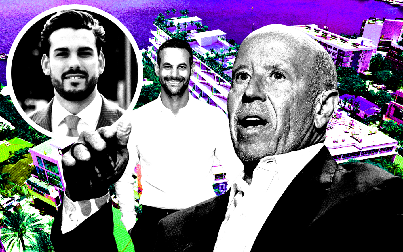 <p>From left: Nomade Group chief development officer Miguel Isla Esteve, Miami Beach City Commissioner David Suarez and Starwood Capital’s Barry Sternlicht along with a rendering of the Standard Miami Beach (Nomade Group, Getty, Standard Miami Beach)</p>
