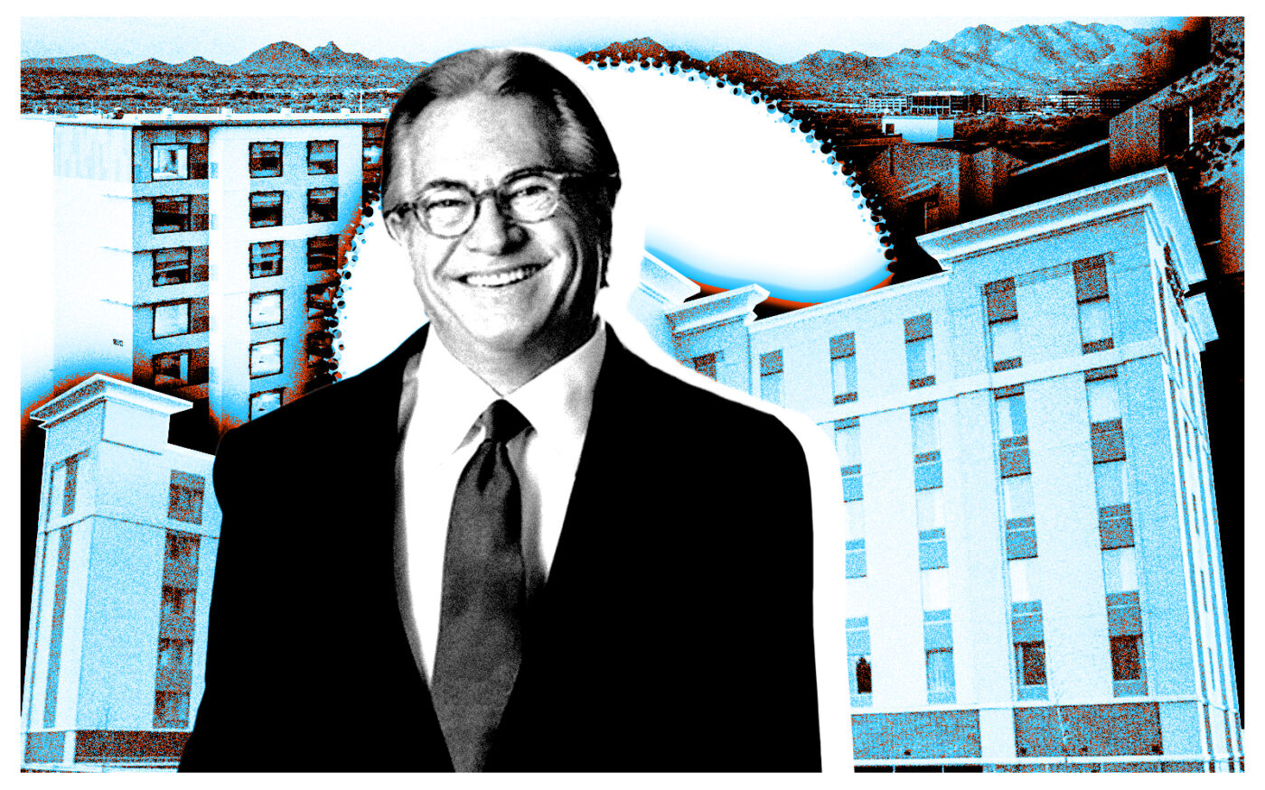 <p>A photo illustration of Jay Shidler along with the Hilton Homewood Suites in Phoenix, the Hilton Hampton Inn in Charlotte, and the Hyatt House in Scottsdale (Getty, Google Maps, LoopNet, Shidler Group)</p>
