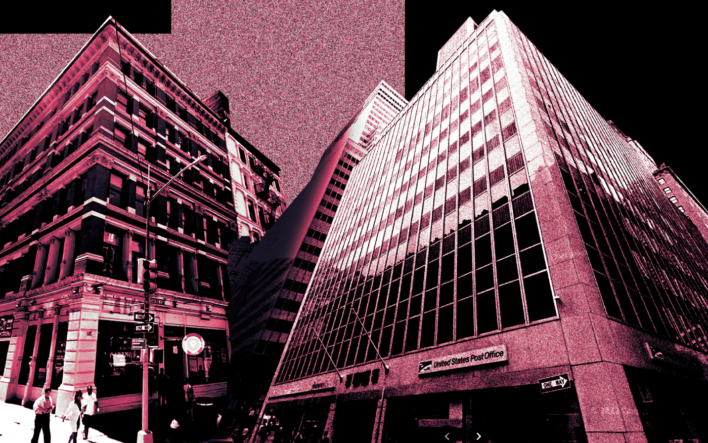 <p>A photo illustration of 428 Broadway (left) and 1 Whitehall Street (right) (Getty, Google Maps)</p>
