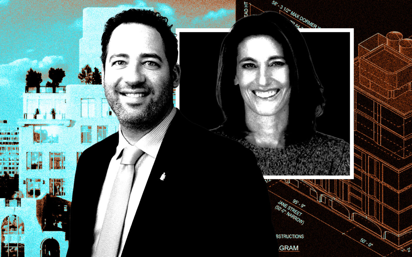 <p>From left: A photo illustration of Aurora Capital&#8217;s Jared Epstein and Compass&#8217; Alexa Lambert along with renderings of 211 West 84th Street and 140 Jane Street (Getty, Compass Real Estate, The Henry Residences)</p>
