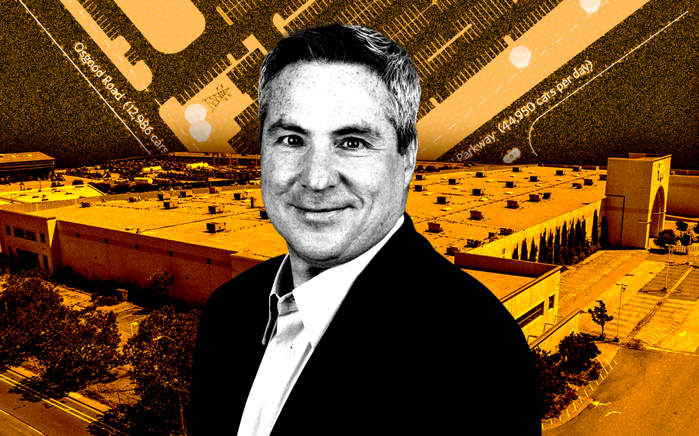 <p>A photo illustration of Sterling Organization managing principal and CEO Brian Kosoy along with 43800 Osgood Road in Fremont (Getty, Sterling Organization)</p>
