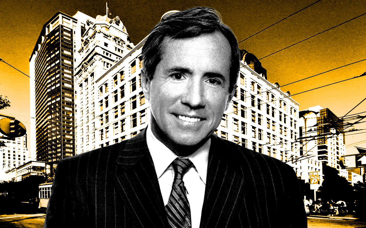 <p>A photo illustration of ASB Real Estate Investments&#8217; CEO Robert Bellinger along with 799 Market Street (Getty, CBRE, ASB Real Estate Investments)</p>
