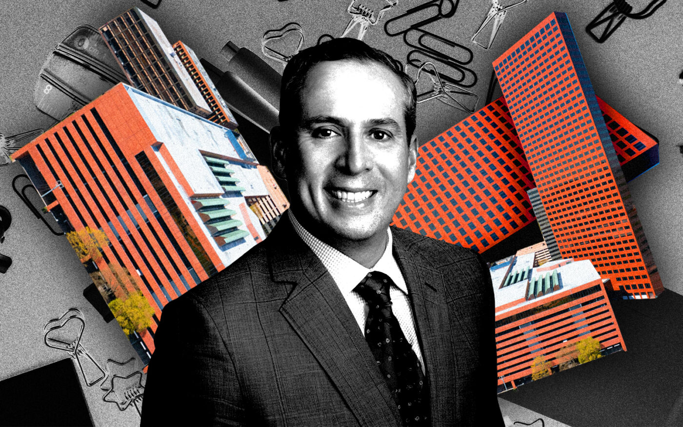 <p>A photo illustration of Avison Young’s Ariel Guerrero along with 5555 San Felipe Street in Houston (Getty, Avison Young, LoopNet)</p>
