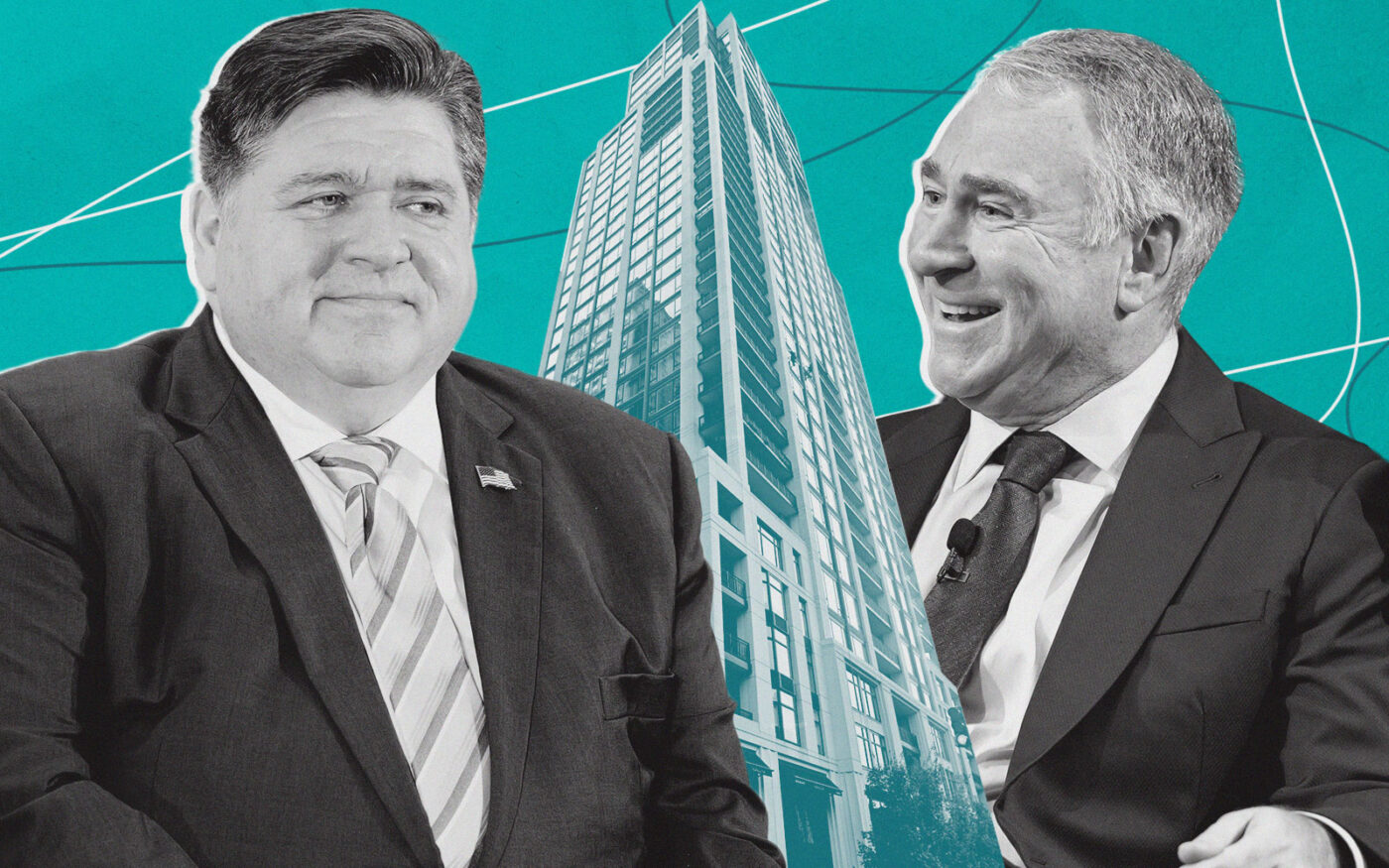 JB Pritzker and Ken Griffin with 9 West Walton Street (Getty, Google Maps)