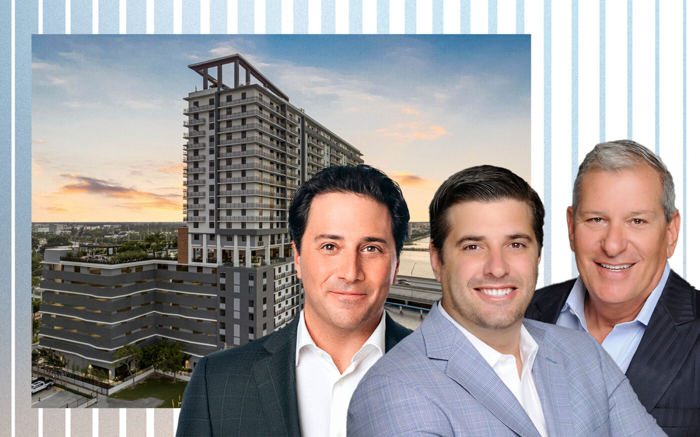 Ares Management’s Michael Arougheti with Estate Companies’ Robert Suris and principal Jeff Ardizon with the Soleste NoMi Beach apartment tower (JLL, Estate Companies, LinkedIn)