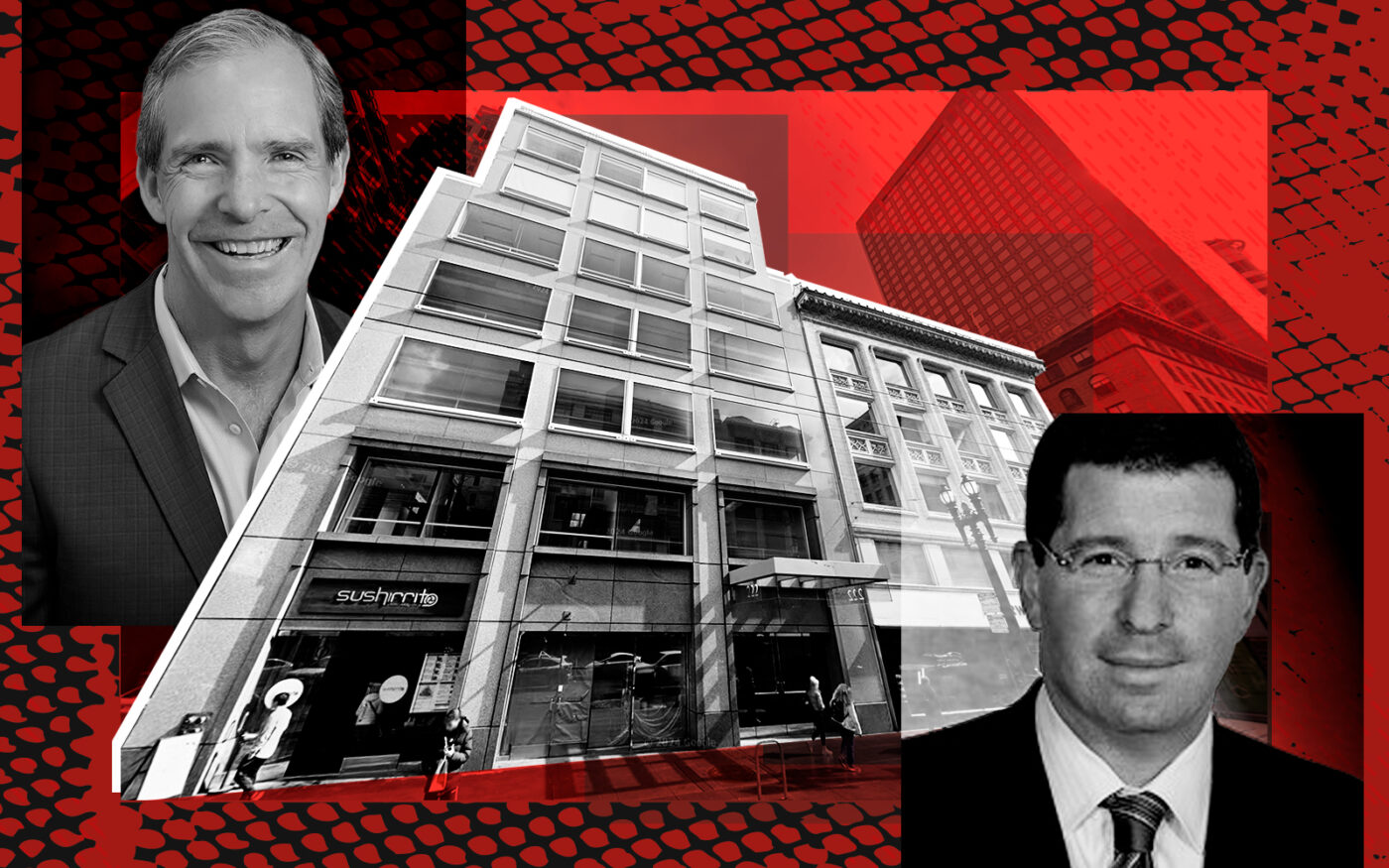 Flynn Properties' Greg Flynn and Gem Realty Capital's Michael Elrad with 222 Kearny Street and 180 Sutter Street, San Francisco (Google Maps, Gem Realty Capital, Flynn Properties)