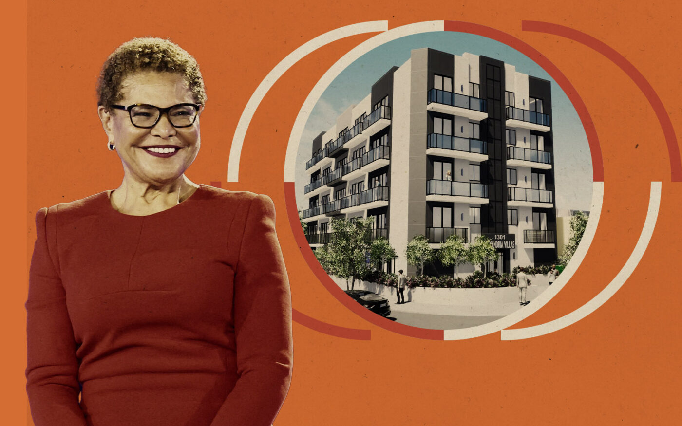 Los Angeles Mayor Karen Bass; rendering of 1301 North Alexandria Avenue (Getty, California Development & Design)