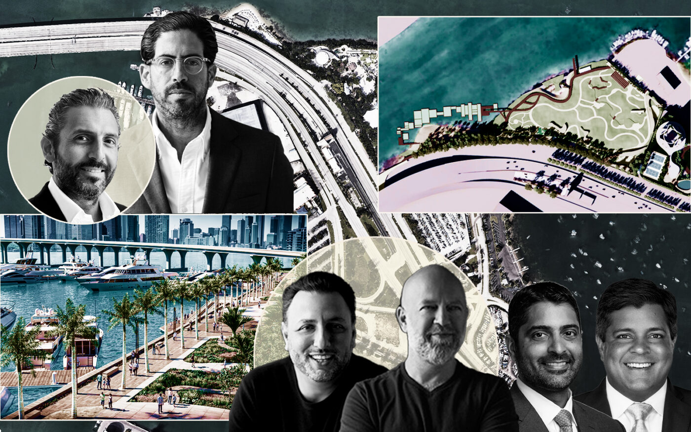 ESJ’s Arnaud Sitbon and Terra's David Martin witha rendering of Watson Harbour, BH3 Management's Daniel Lebensohn and Greg Freedman and Merrimac Ventures' Dev and Nitin Motwani with a rendering of 1111 Parrot Jungle Trail and 888 MacArthur Causeway (BH3 Management, LinkedIn, Google Maps, Watson Harbour, Merrimac Ventures, Terra, ESJ)