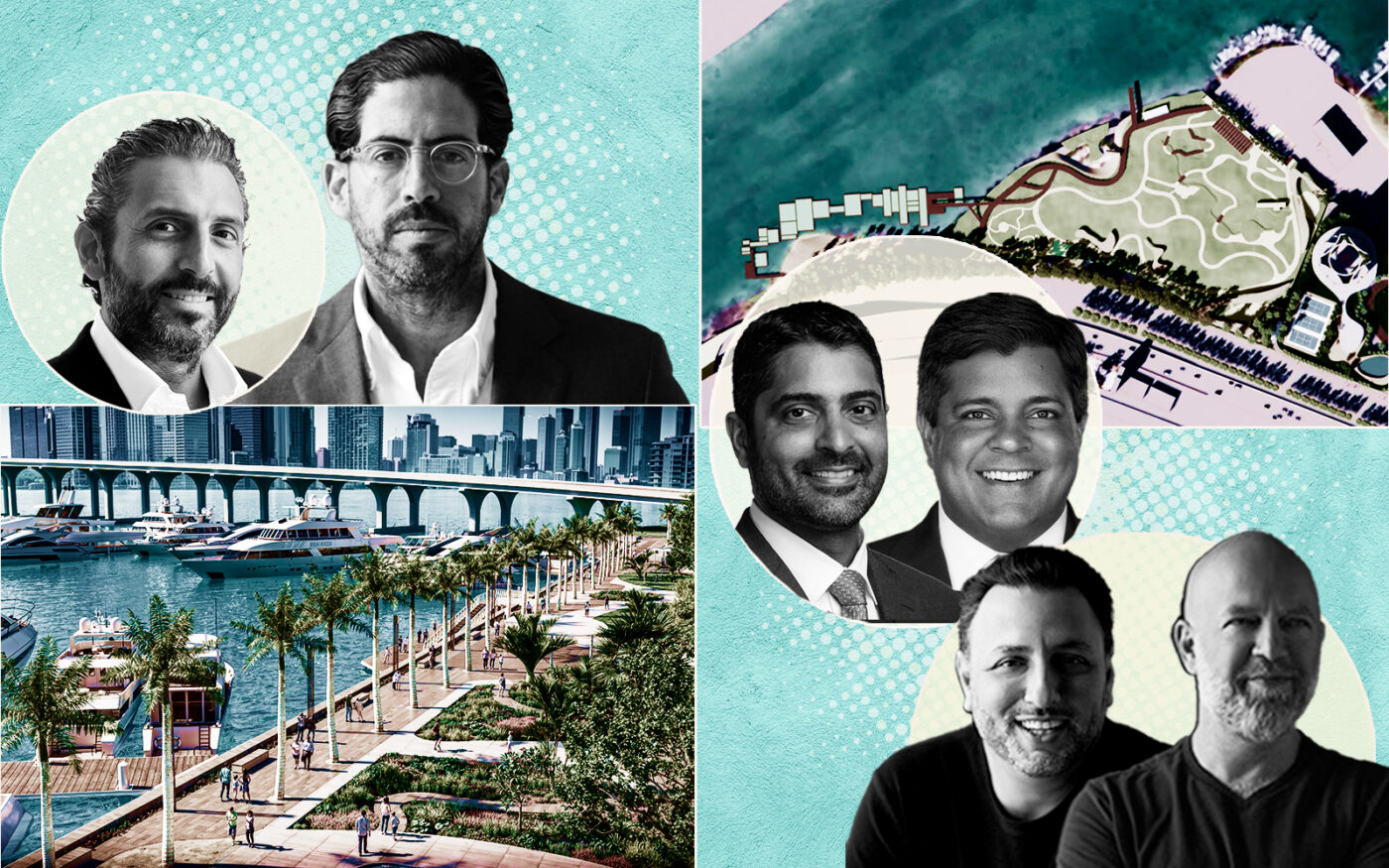 ESJ’s Arnaud Sitbon and Terra's David Martin with a rendering of Watson Harbour, BH3 Management's Daniel Lebensohn and Greg Freedman and Merrimac Ventures' Dev and Nitin Motwani with a rendering of 1111 Parrot Jungle Trail and 888 MacArthur Causeway (BH3 Management, LinkedIn, Google Maps, Watson Harbour, Merrimac Ventures, Terra, ESJ)