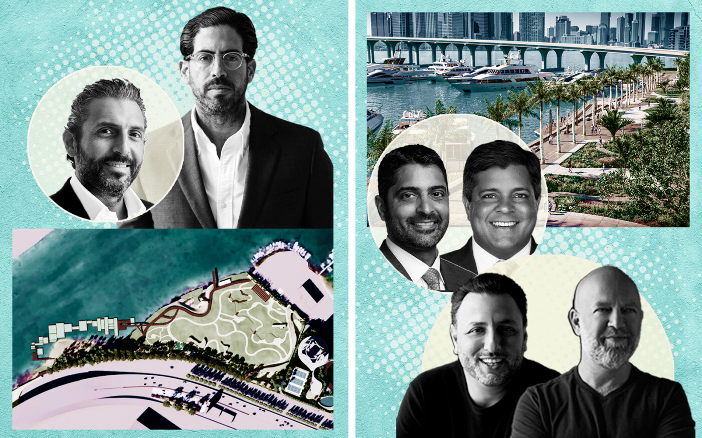 ESJ’s Arnaud Sitbon and Terra's David Martin with a rendering of 1111 Parrot Jungle Trail and 888 MacArthur Causeway and BH3 Management's Daniel Lebensohn and Greg Freedman and Merrimac Ventures' Dev and Nitin Motwani with a rendering of Watson Harbour (BH3 Management, LinkedIn, Google Maps, Watson Harbour, Merrimac Ventures, Terra, ESJ)