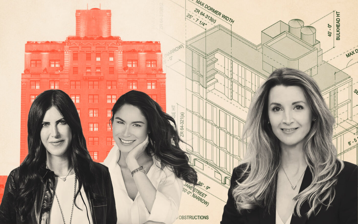 Rendering of 20 East 76th Street, Douglas Elliman’s Lauren Muss, Michelle Griffith; sketch of 140 Jane Street, Corcoran’s Tara King-Brown (Douglas Elliman, Corcoran, NYC DoB,. Noe & Associates with V1)