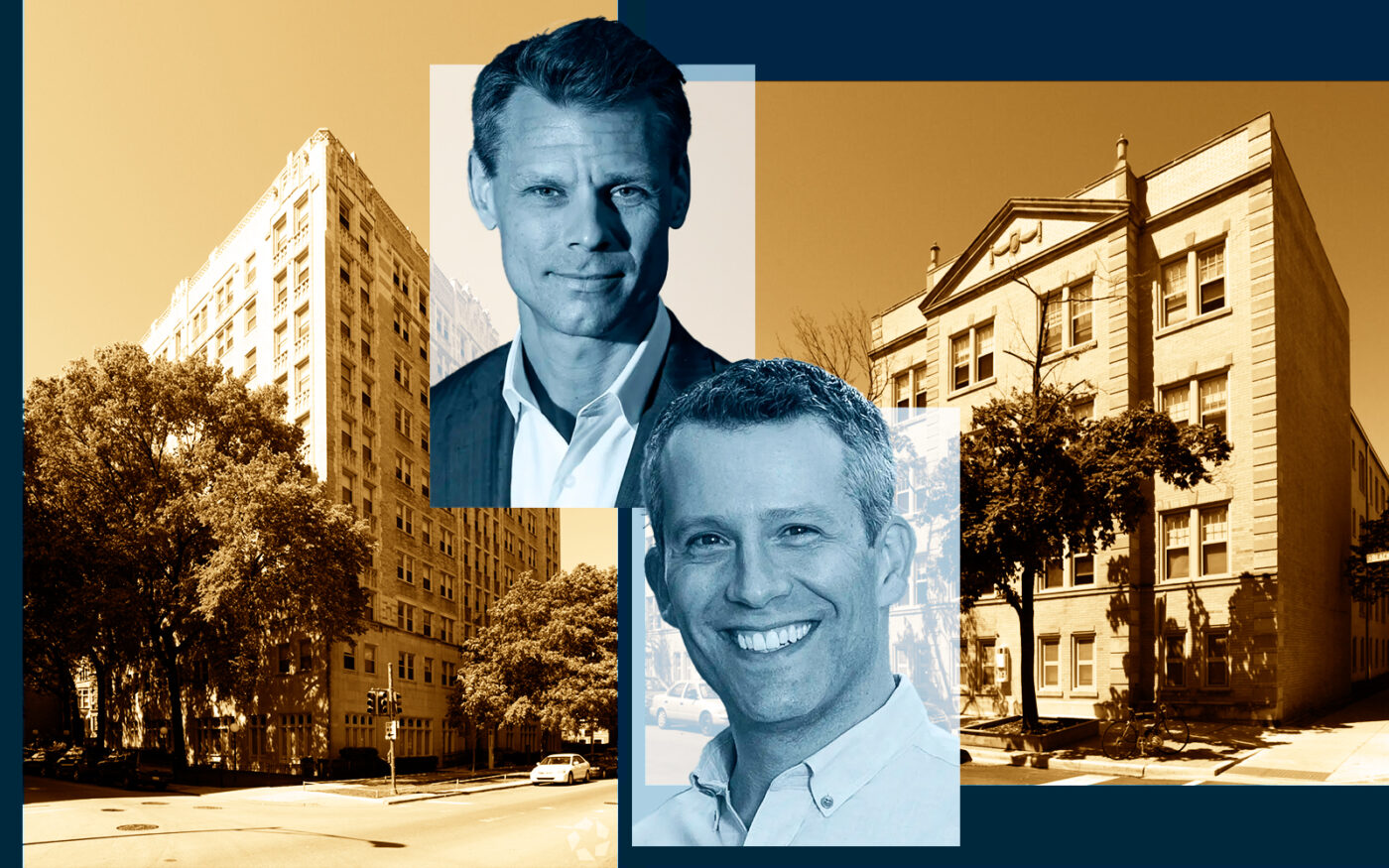 Pioneer Acquisitions' James Peterson and L. Jayson Lamberg with 1369 East Hyde Park Boulevard and 5514 South Blackstone Avenue in Hyde Park (Pioneer Acquisitions, Loopnet)