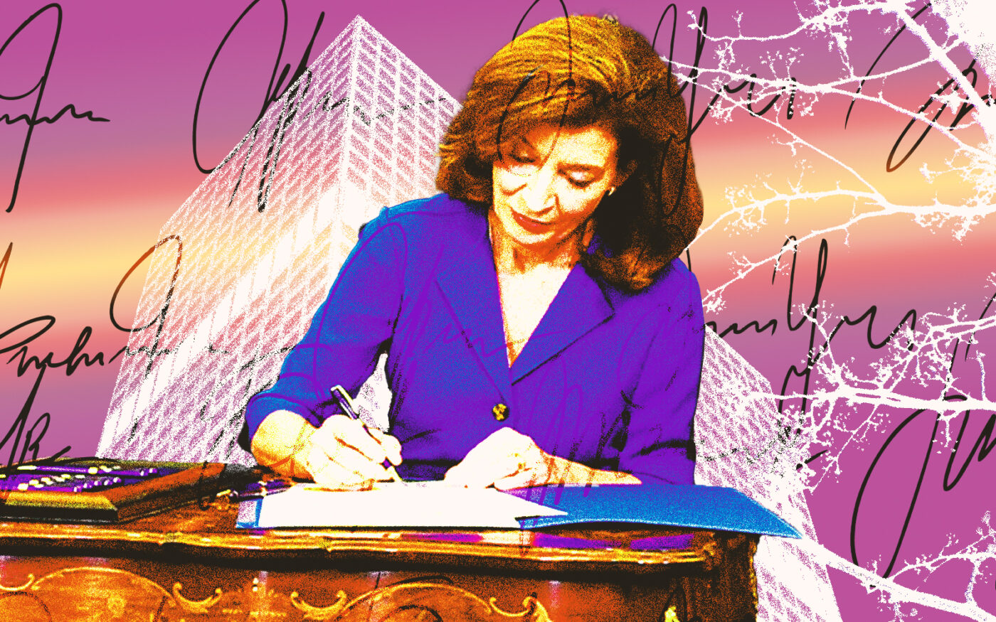 <p>A photo illustration of Governor of New York Kathy Hochul along with SL Green&#8217;s 919 Third Avenue (Getty, By Americasroof at English Wikipedia, CC BY-SA 3.0 &#8211; via Wikimedia Commons)</p>
