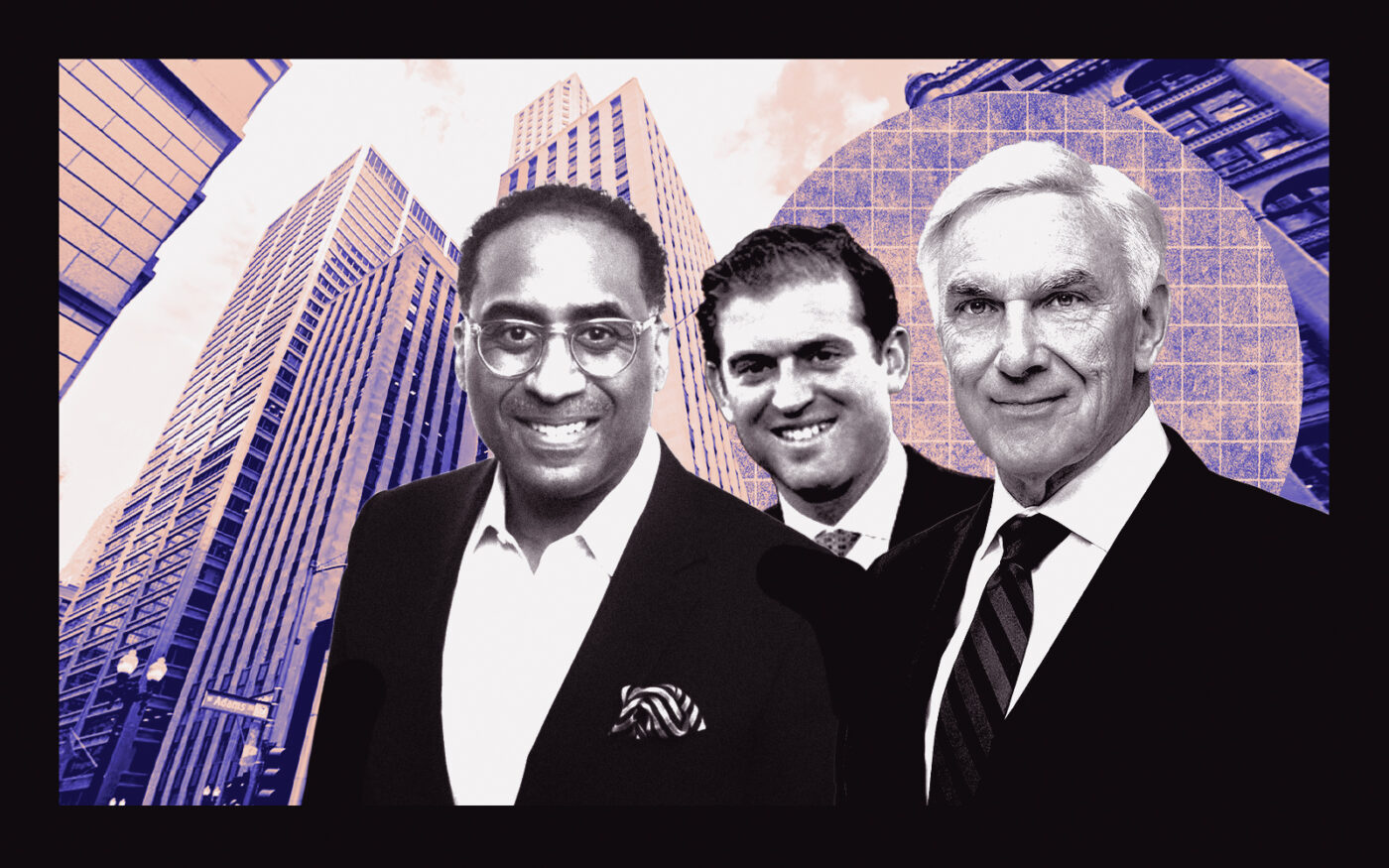 <p>A photo illustration of DL3 Realty’s Leon Walker, AmTrustRE’s Jonathan Bennett and Riverside Investment &#038; Development’s John O’Donnell along with 135 South LaSalle Street (Getty, DL3 Realty, AmTrustRE, Riverside Investment &#038; Development, LinkedIn, Google Maps)</p>
