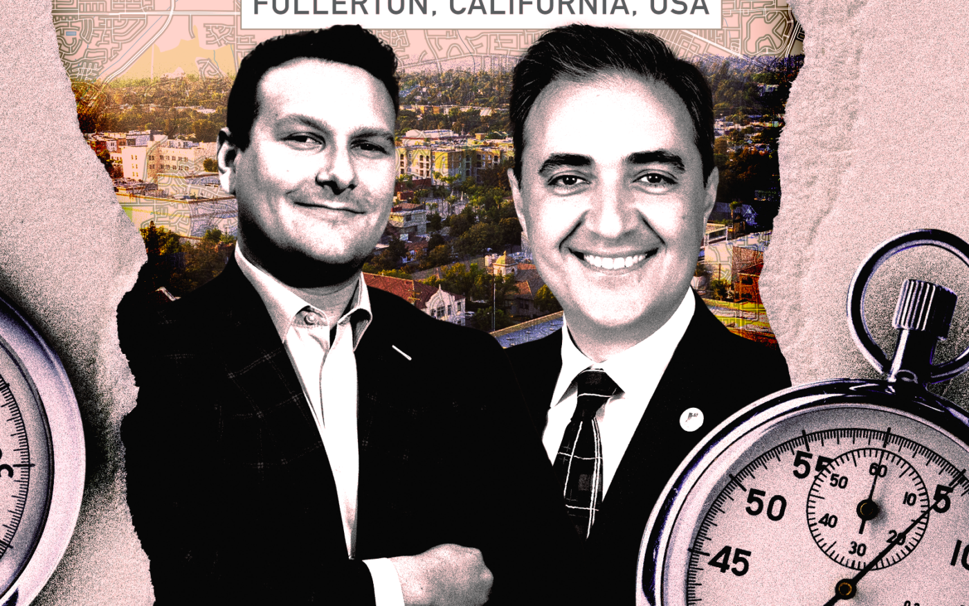 <p>A photo illustration of Mayor of Fullerton Nick Dunlap and Fullerton city councilmember Ahmad Zarha (Getty, City of Fullerton, Facebook/Nick Dunlap for Fullerton City Council)</p>
