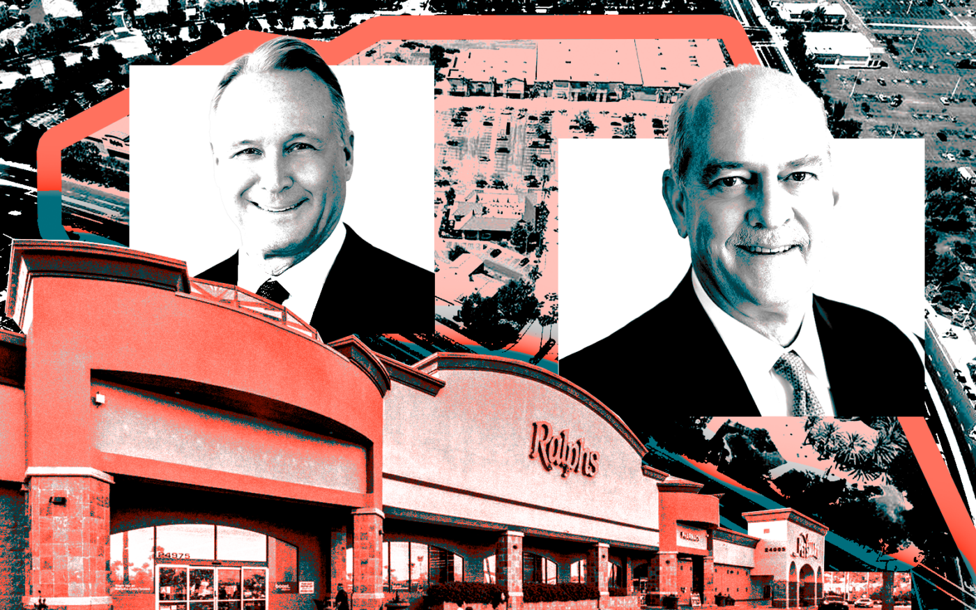 <p>A photo illustration of Merlone Geier managing partners Bradley A. Geier and Peter J. Merlone along with Stevenson Ranch Plaza in Santa Clarita Valley (Merlone Geier)</p>
