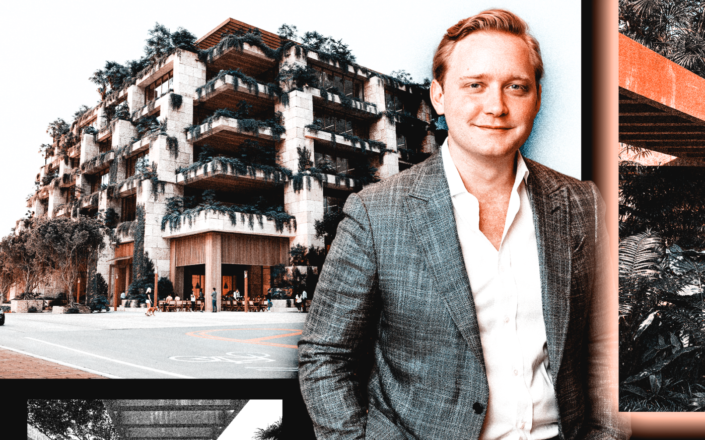 A photo illustration of Allen Morris Company president Spencer Morris along with renderings of the planned mixed-use office and condo project in Coconut Grove (Getty, Allen Morris Company)