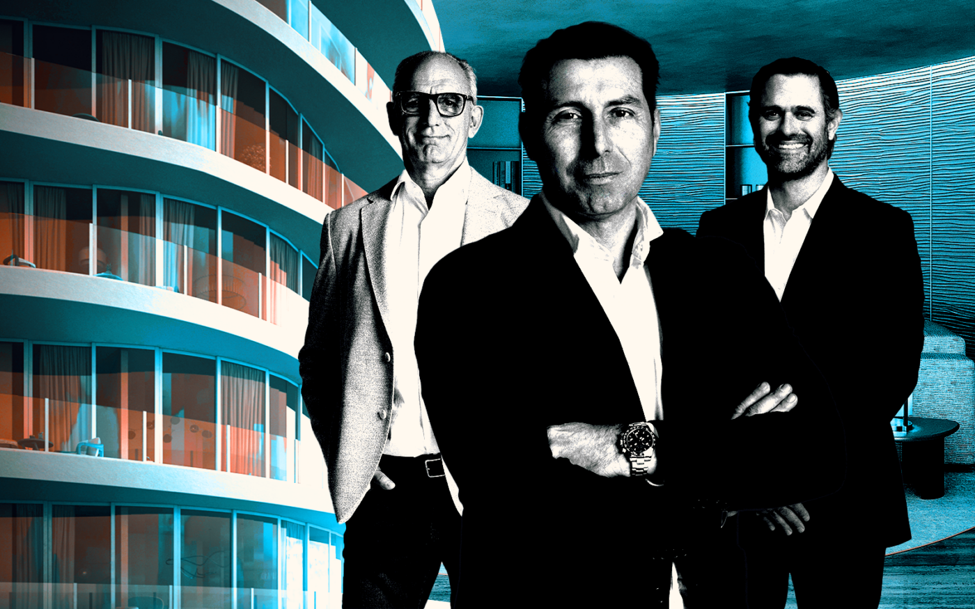 <p>A photo illustration of Tomas Sinisterra, Fernando de Nunez and Eduardo Pelaez along with renderings of Armani/Casa Residences Pompano Beach (Getty, Armani Casa Residences Pompano Beach)</p>
