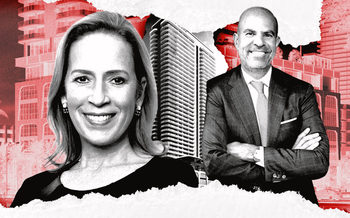 <p>A photo illustration of Cervera Real Estate&#8217;s Alicia Cervera Lamadrid and Newgard Development Group&#8217;s Harvey Hernandez along with renderings of the Natiivo Fort Lauderdale (Getty, Cervera Real Estate, Newgard Development Group)</p>
