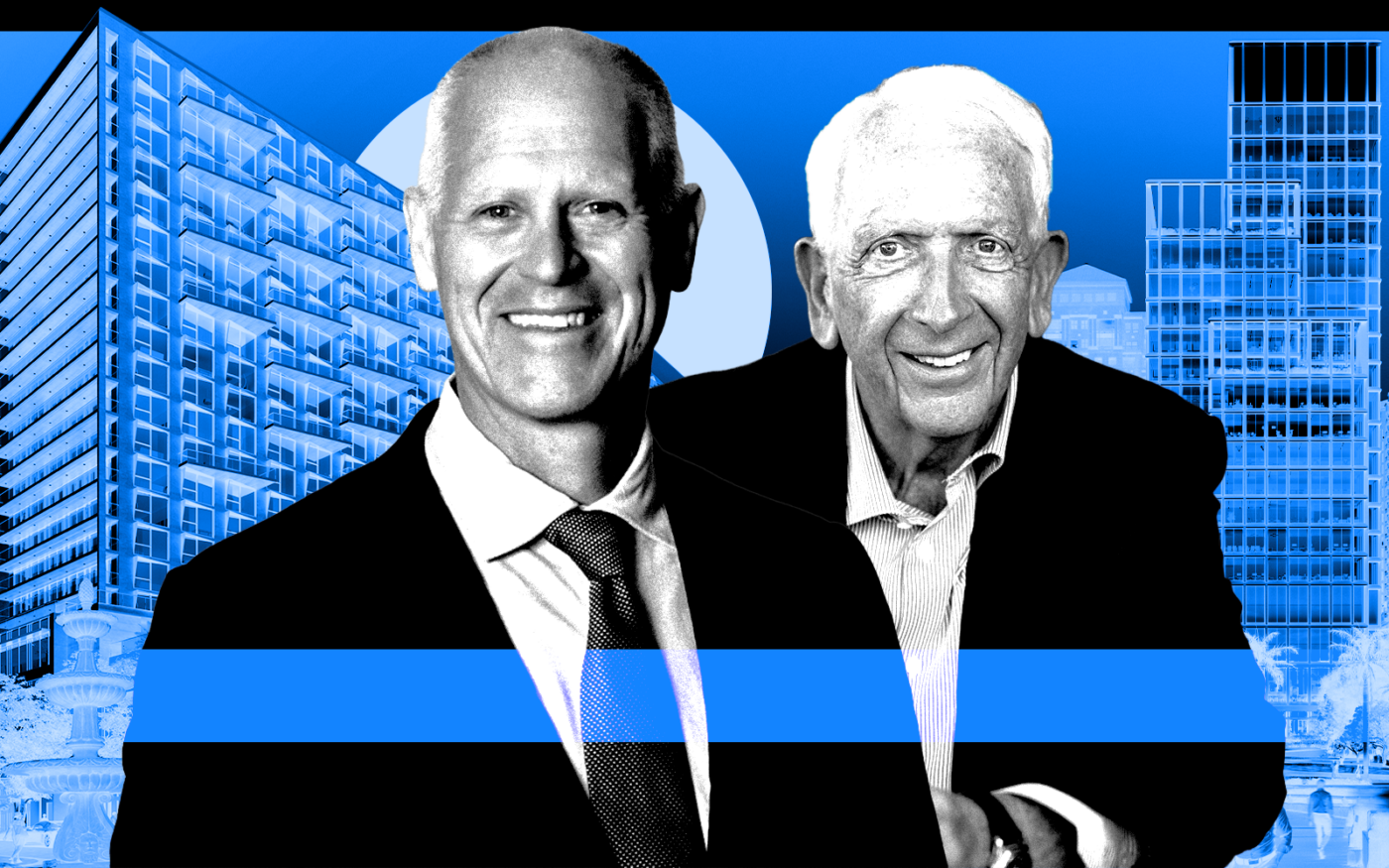 <p>A photo illustration of Ralph Owen Dean and professor of marketing at Vanderbilt University Thomas Steenburgh and Related Ross&#8217; Kenneth Himmel along with the One Flagler office building and the Laurel apartment building in West Palm Beach (Getty, Related Ross, Vanderbilt University)</p>
