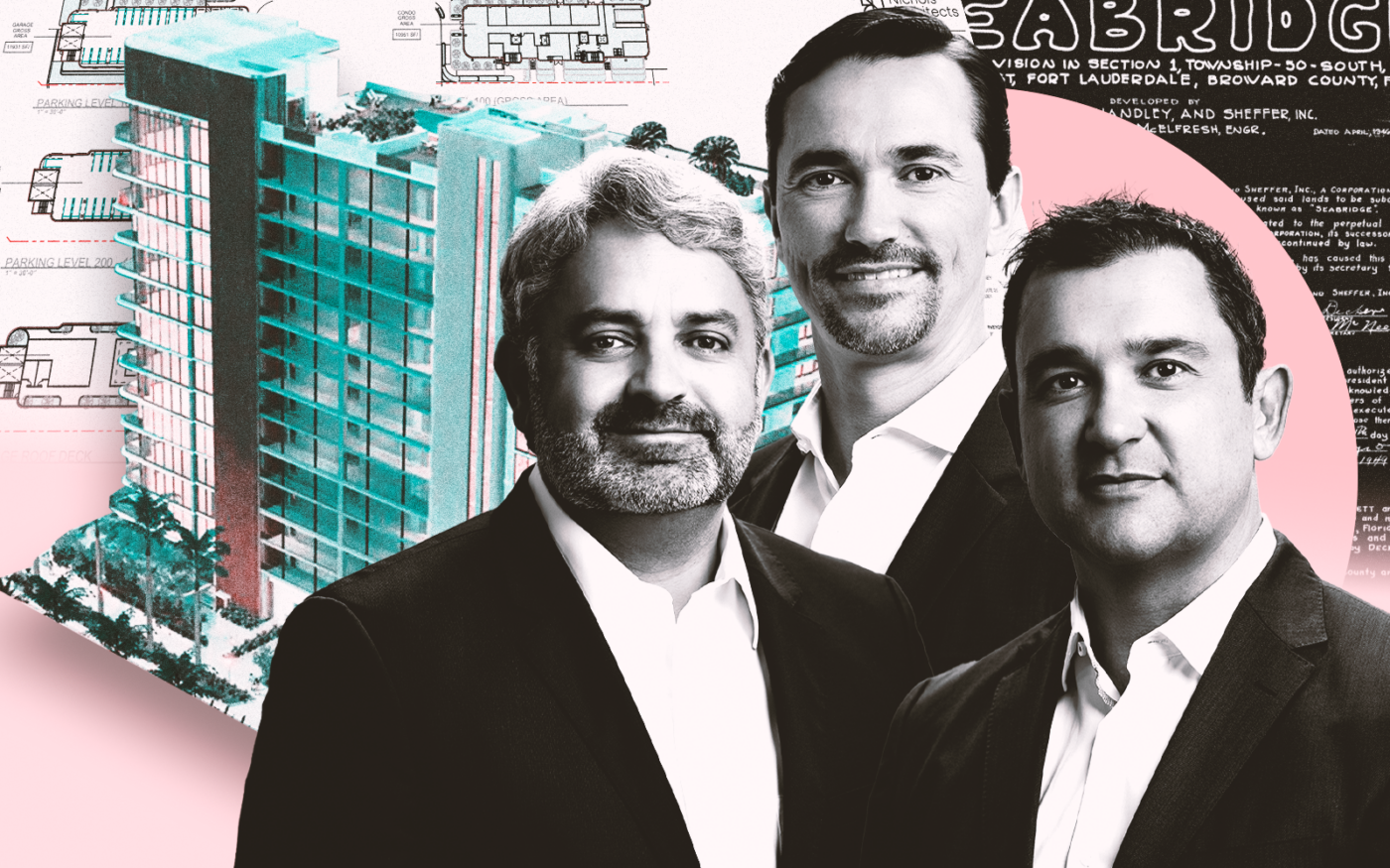 <p>A photo illustration of Integra&#8217;s Paulo Tavares de Melo, Nelson Stabile and Victor Ballestas along with renderings of the planned condo project in Fort Lauderdale (Getty, Integra Investments)</p>
