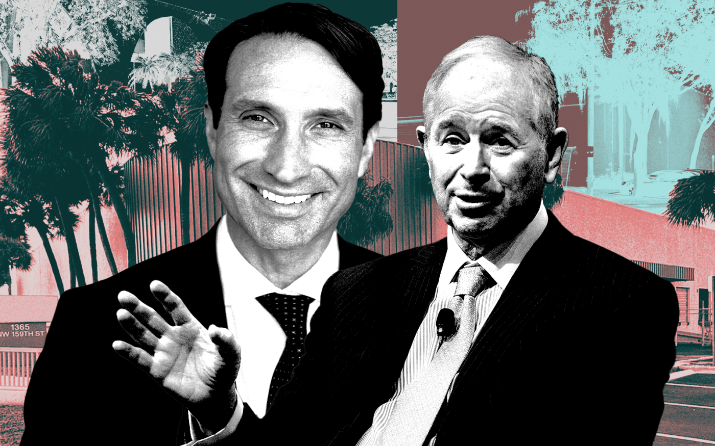 A photo illustration of Longpoint’s Dwight Angelini and Blackstone’s Steven Schwarzman along with 1605 Northwest 159th Street and 1365 Northwest 159th Street in Miami Gardens and 3700 North 29th Avenue in Hollywood (Getty, Longpoint Partners, Blackstone, LoopNet, Google Maps)