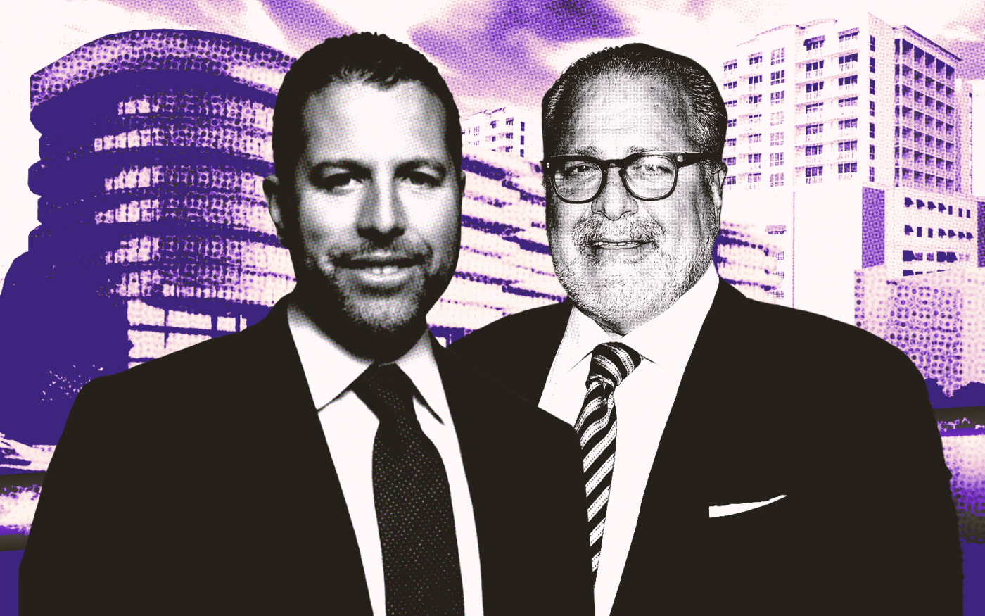 <p>A photo illustration of Madison Realty&#8217;s Josh Zegen and Joseph Chetrit along with 2629 North Riverside Drive in Pompano Beach and a rendering of the Hollywood Beach Resort in Hollywood Beach (Getty, Galaxy Capital, Chetrit Group, Madison Realty)</p>
