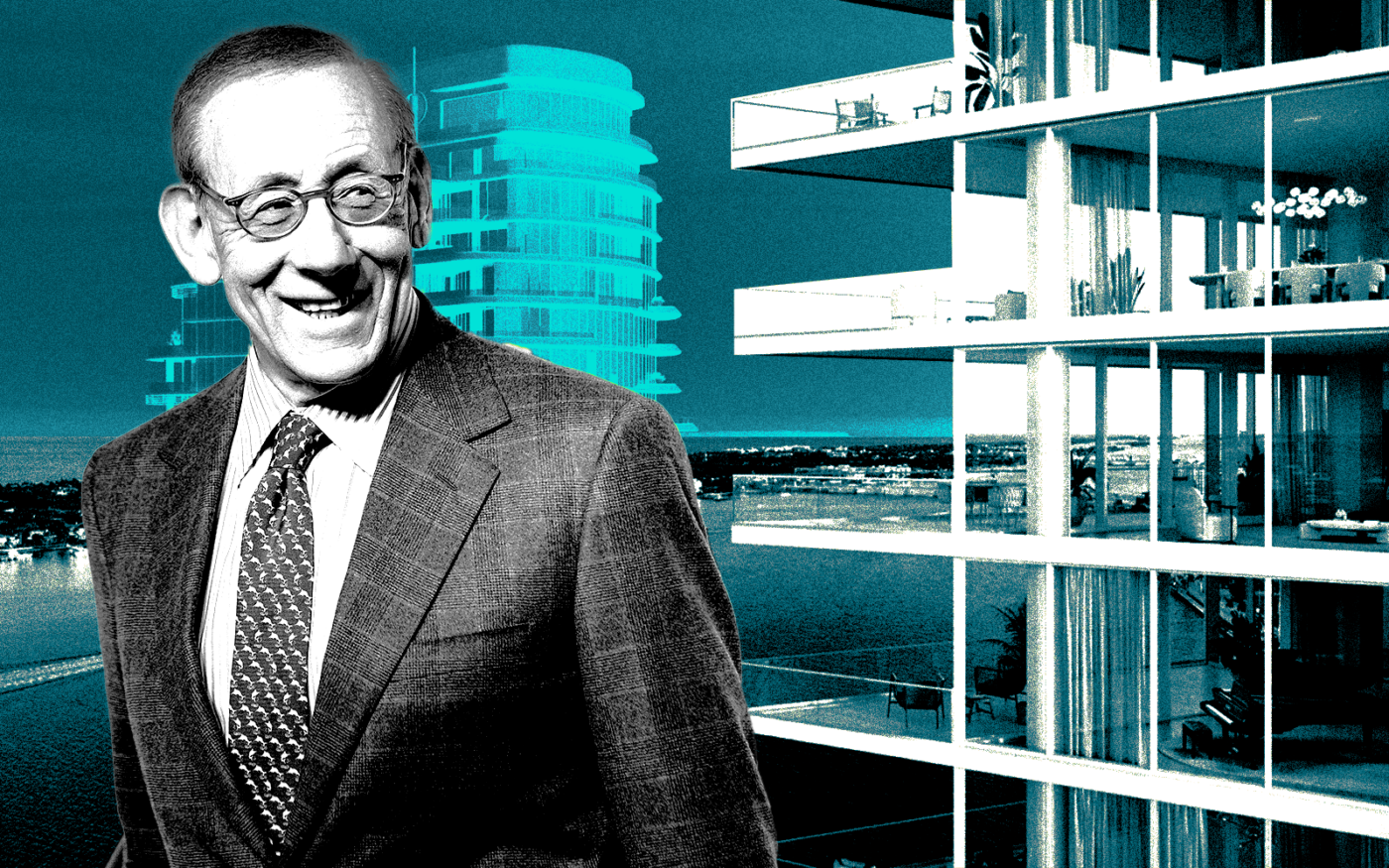 A photo illustration of Steve Ross along with renderings of the redesigned Shorecrest condo project in West Palm Beach (Getty, Related Ross)