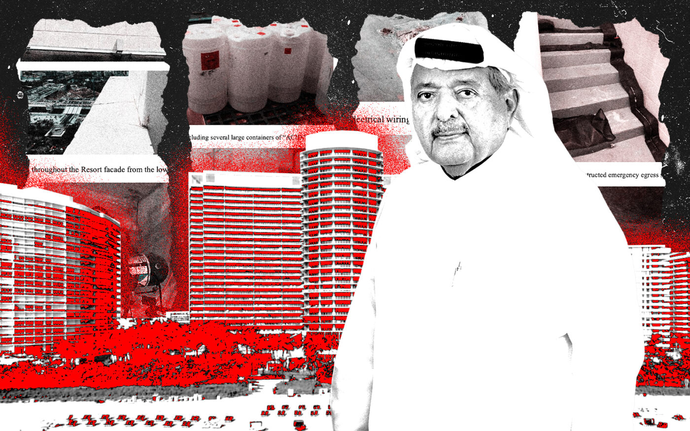 <p>A photo illustration of ARTIC/Al Faisal Holding chairman Sheikh Faisal Bin Qassim Al Thani along with the St. Regis Bal Harbour and photographs of the alleged building defects (Getty, Al Faisal Holding, Bal Harbour Village)</p>
