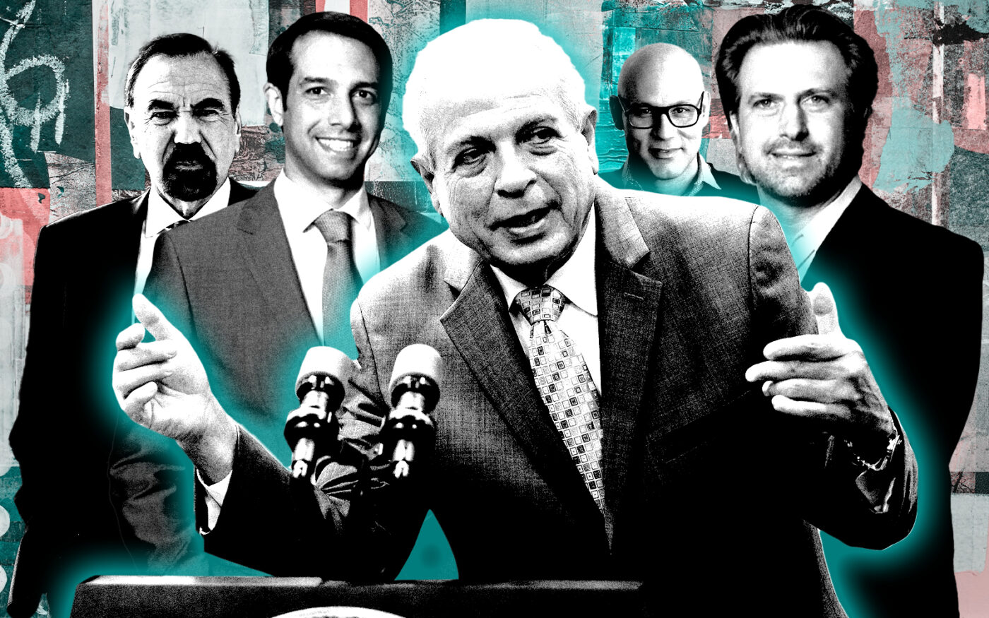 <p>From left: Jorge Perez, Carlos Melo, Tomas Regalado, Craig Robins and Martin Melo (Photo Illustration by Steven Dilakian for The Real Deal with Getty, Related Group, Melo Group)</p>
