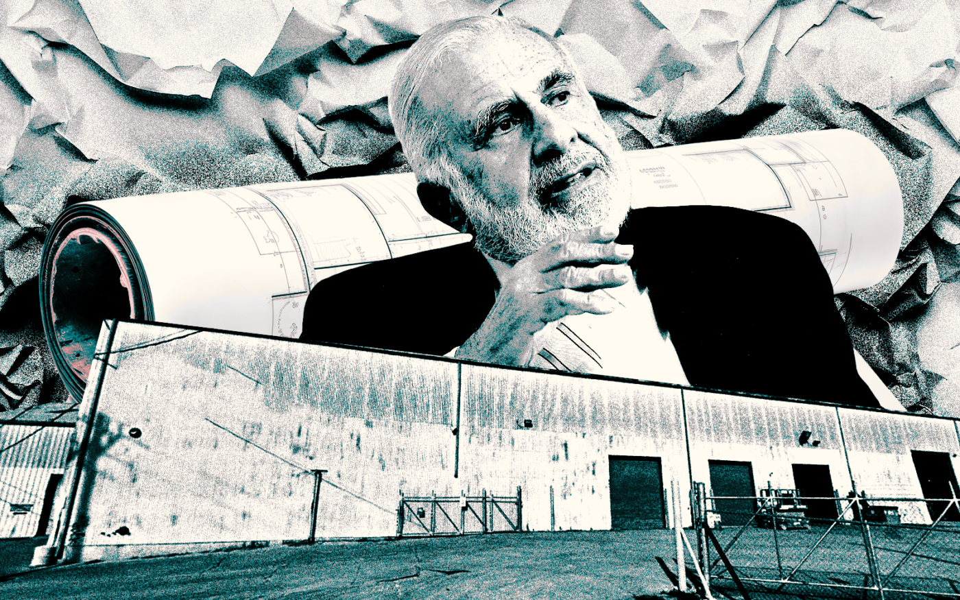 A photo illustration of Carl Icahn along with 701 South First Street (Getty, Google Maps)