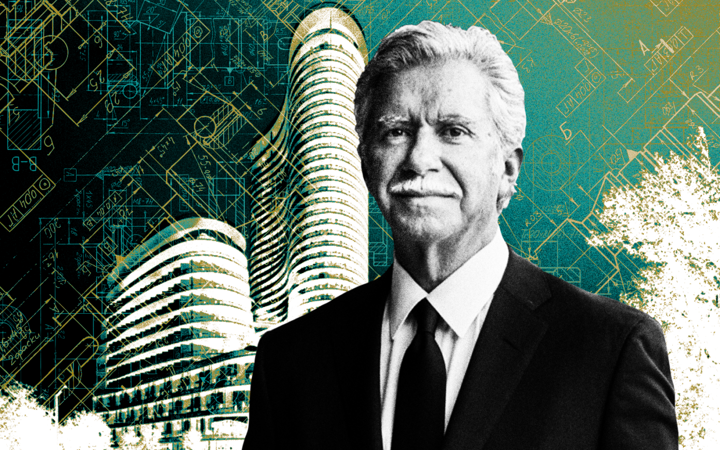 <p>A photo illustration of GBT Realty’s George Tomlin along with a rendering of the planned River North tower in Nashville (Getty, GBT Realty, GBT/Gresham Smith)</p>
