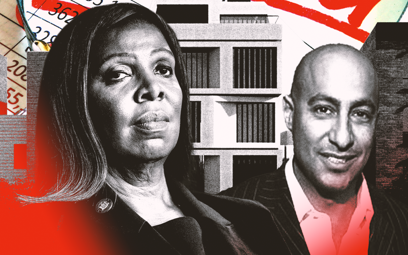 A photo illustration of Attorney General of New York Letitia James and BCN Development's Craig Nassi along with a rendering of 135 Carlton Avenue in Brooklyn (Getty, BCN Development)