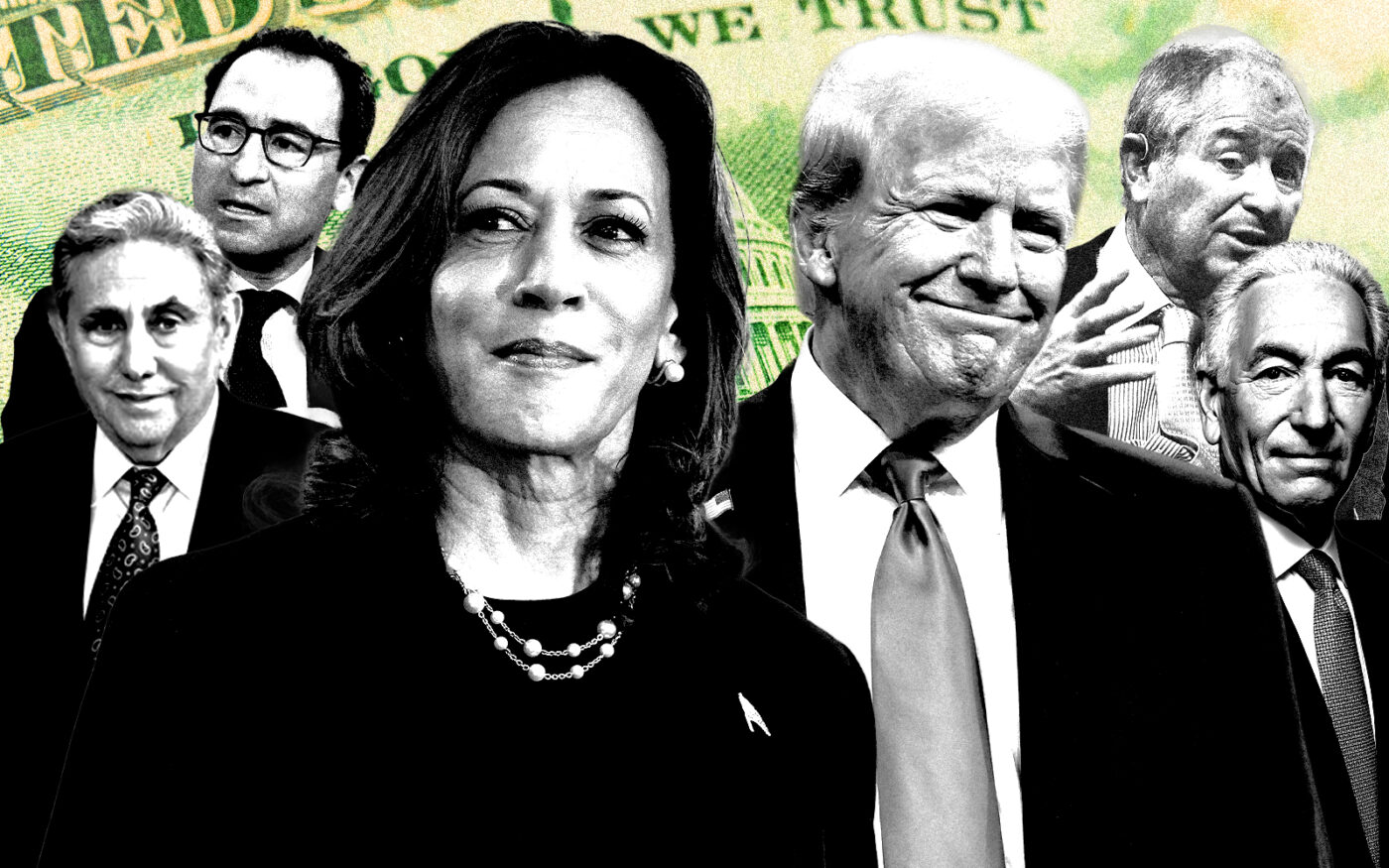 <p>A photo illustration of Jeff Gural, Jon Gray, Kamala Harris, Donald Trump, Stephen Schwarzman and Charles Kushner (Getty)</p>
