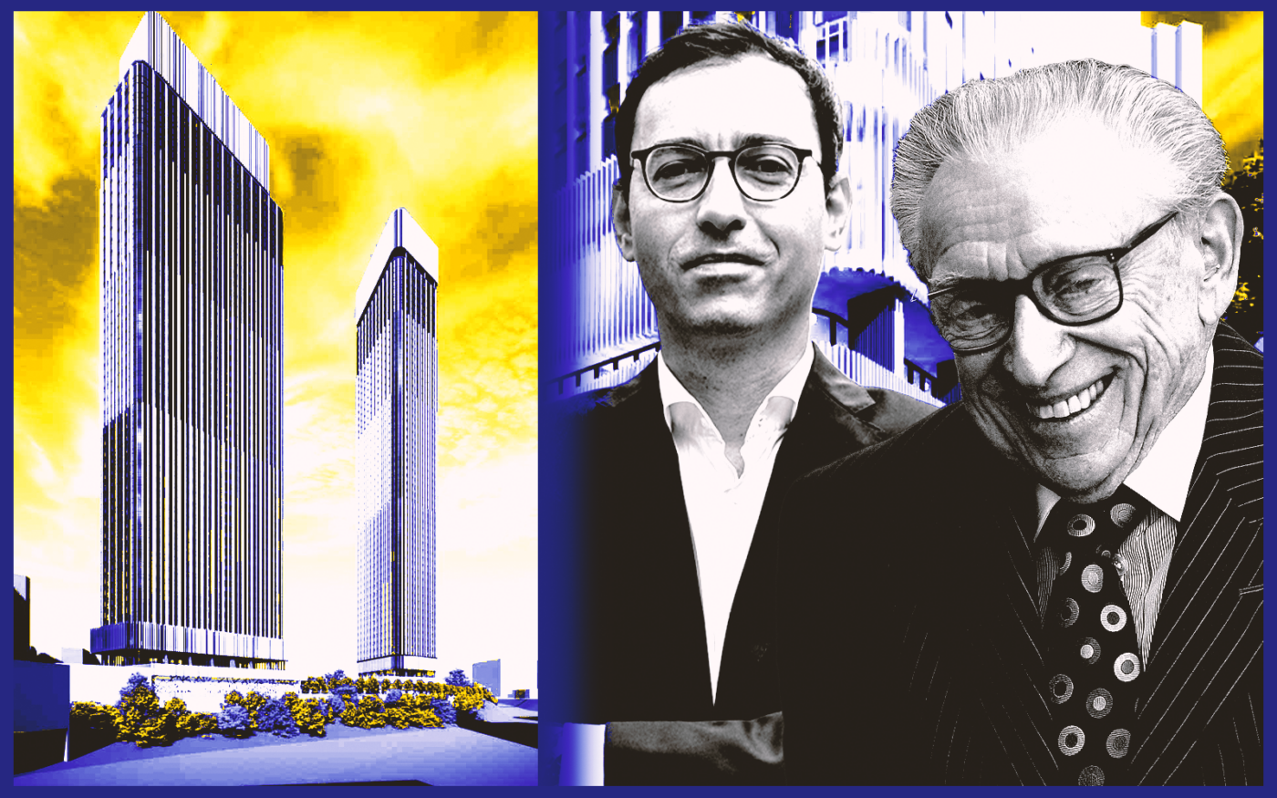 <p>A photo illustration of Larry Silverstein and Kushner&#8217;s Laurent Morali along with a rendering of 808 Pavonia Avenue in Jersey City (Getty, Kushner, Handel Architects)</p>
