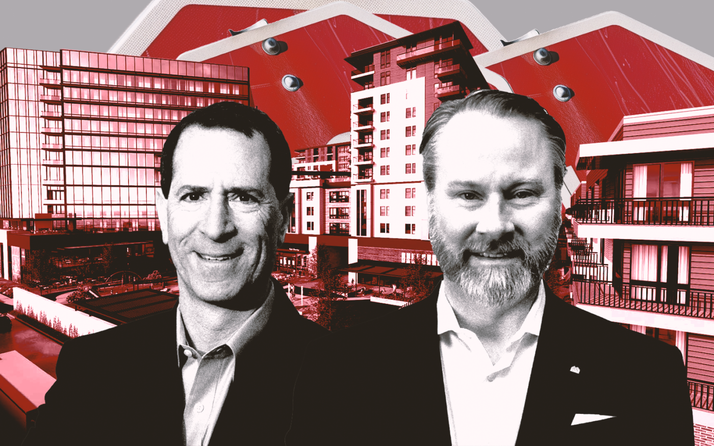 <p>A photo illustration of Masterplan’s Lee Kleinman and Henry S. Miller’s Greg Miller along with a rendering of the planned redevelopment at 15030 Preston Road in Dallas (Getty, Masterplan, Henry S. Miller)</p>
