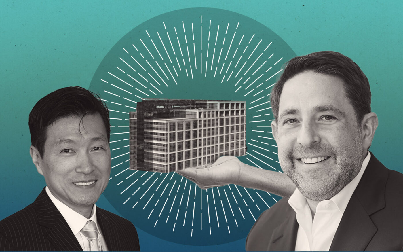 KORE Investments' Jack Kim and Invesco's Andrew Schlossberg with 3500 Lacey (CBRE, Getty, KORE Investments, Invesco)