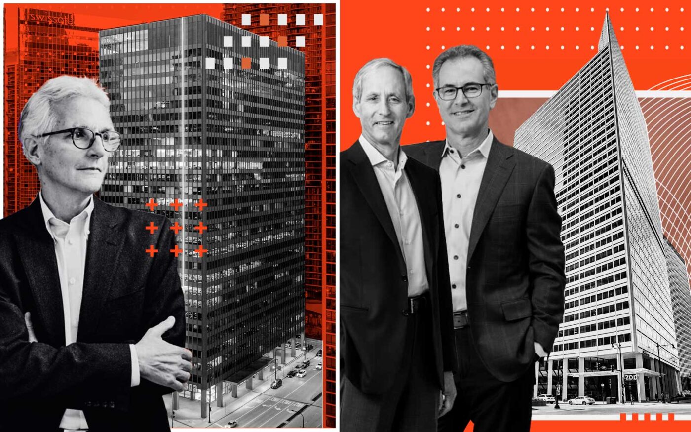 Beacon Capital’s Fred Seigel with 303 E. Wacker and Glenstar's Michael Klein and Rand Diamond with 200 S. Wacker Drive in Chicago (Loopnet, Beacon Capital, Glenstar)