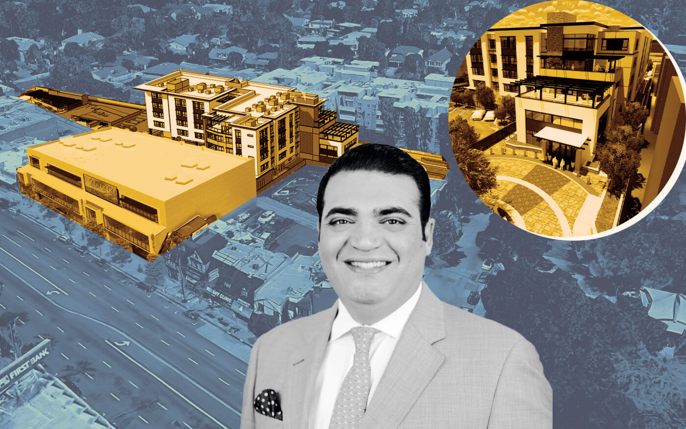 TriStar Realty Group's Daniel Kashani; renderings of 17017 Ventura Boulevard (Getty, Linkedin, HPI Architecture)