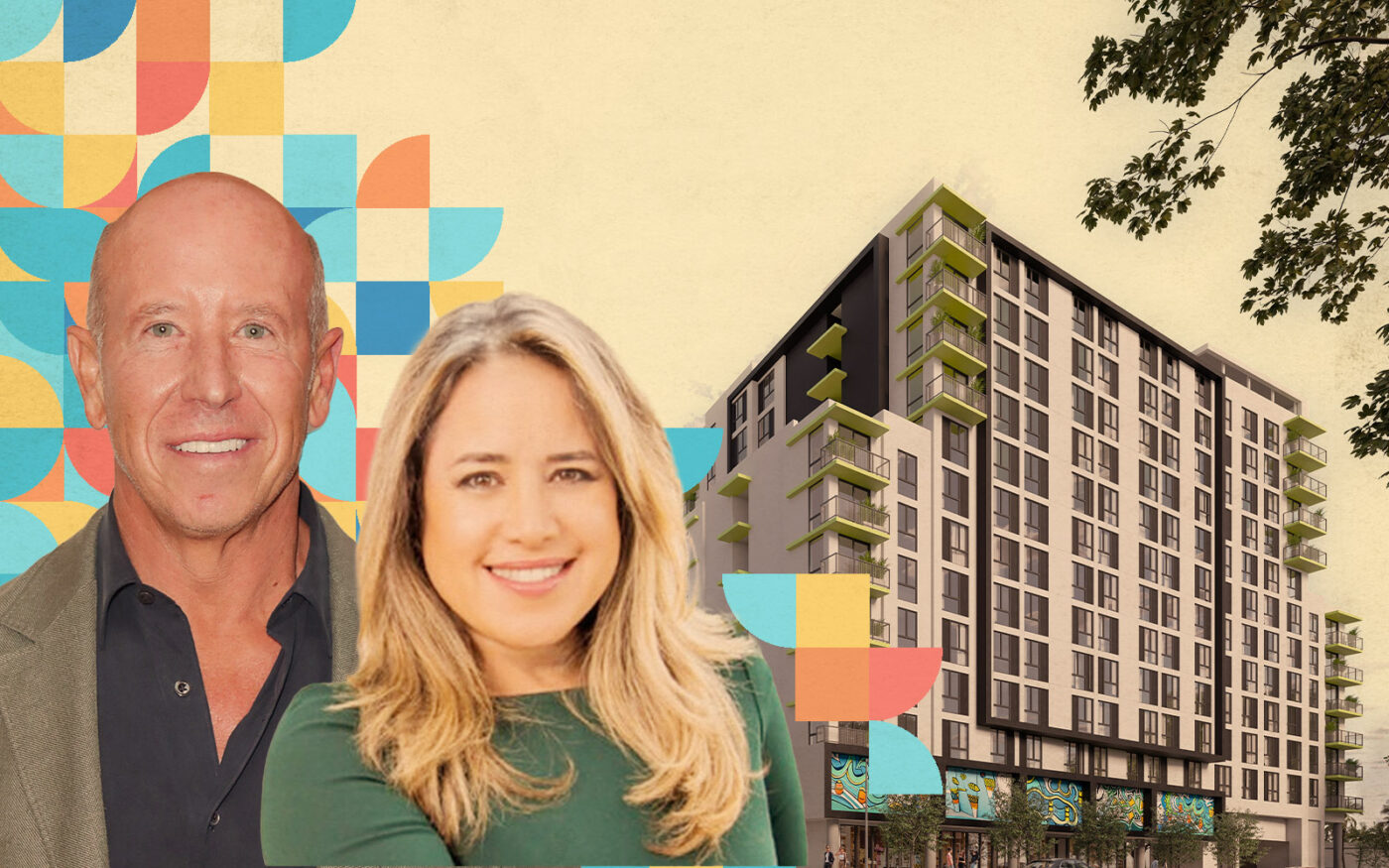 Starwood Property Trust's Barry Sternlicht, Neology Development Group's Lissette Calderon and a rendering of Fourteen Main Street Residences at 1470 Northwest 36th Street (Getty, Neology Development Group)