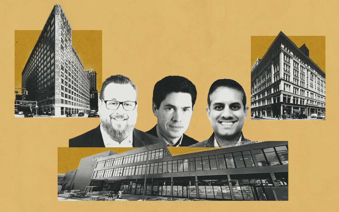 (clockwise top-left) 75 Varick Street, 635 Sixth Avenue, 10-04 Borden Avenue; (left to right) Vorea Group's Peter Papamichael, Spear Street Capital’s John Grassi, Hudson Square Property’s Sujohn Sarkar (Getty, Google Maps, hudsonsquareproperties, griclugb, vorea)