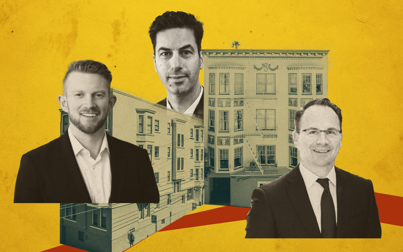 Colliers' Dustin Dolby, Compass' Adam Filly, and Marcus & Millichap's Ramon Kochavi; 1290 Jackson and 1371 Jackson; (Getty, Colliers, Open Homes, Compass, Marcus & Millichap)