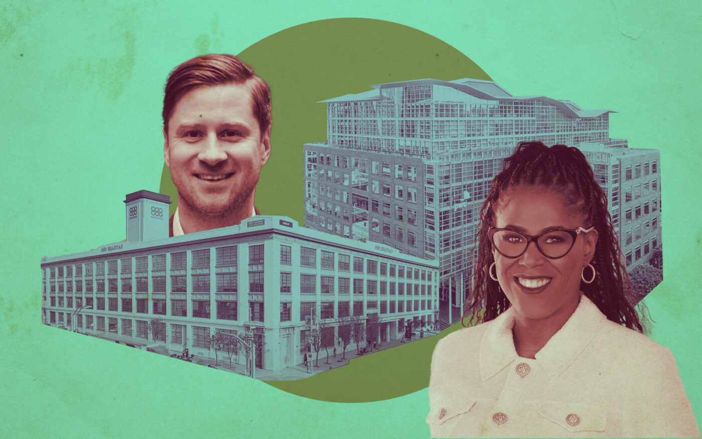 405 Howard Street and 888 Brannan Street; Norges Bank’s Per Loken and TIAA's Thasunda Brown Duckett (Getty, Linkedin, Loopnet)