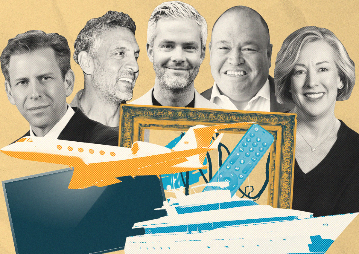 From left: Douglas Elliman's Michael Liebowitz, The Agency's Maricio Umansky, Serhant's Ryan Serhant, Compass' Kalani Reelitz, Anywhere's Sue Yannaccone (Photo-Illustration by Ilya Hourie/The Real Deal; Douglas Elliman, Getty Images, LinkedIn)