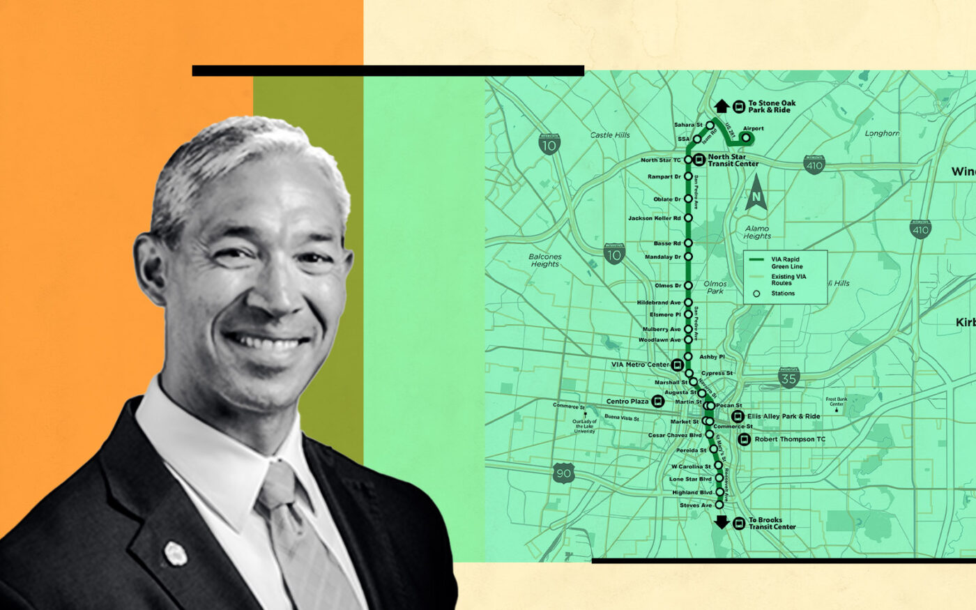 San Antonio Mayor Ron Nirenberg; proposed Green Line transit map (keepsamoving, Getty, sa)